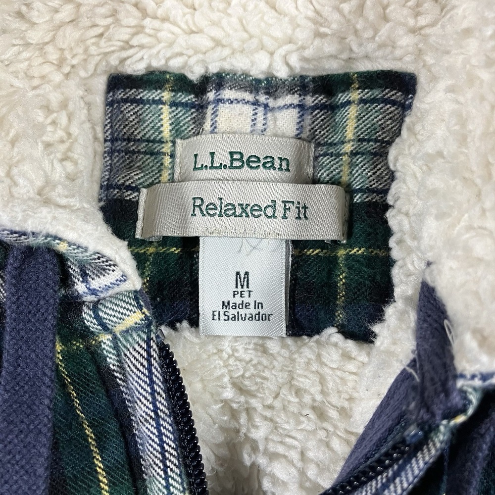 LL Bean Relaxed Fit Sherpa Lined Plaid Flannel Hoodie Jacket Green Cream Women M - Picture 2 of 9